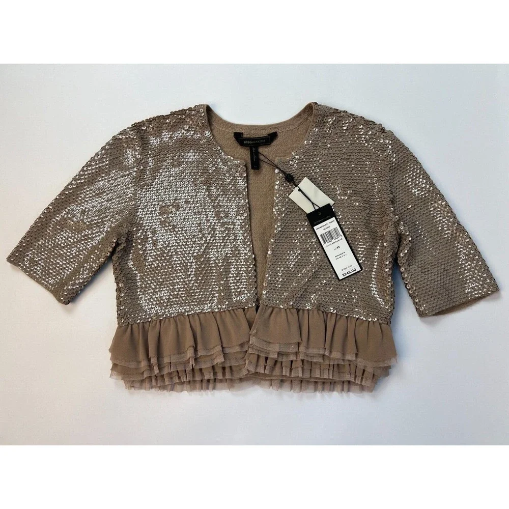 New BCBG Women Top XS Cropped Shrug Cardigan Short Sleeve Designer $248 now $99 - Picture 4 of 9